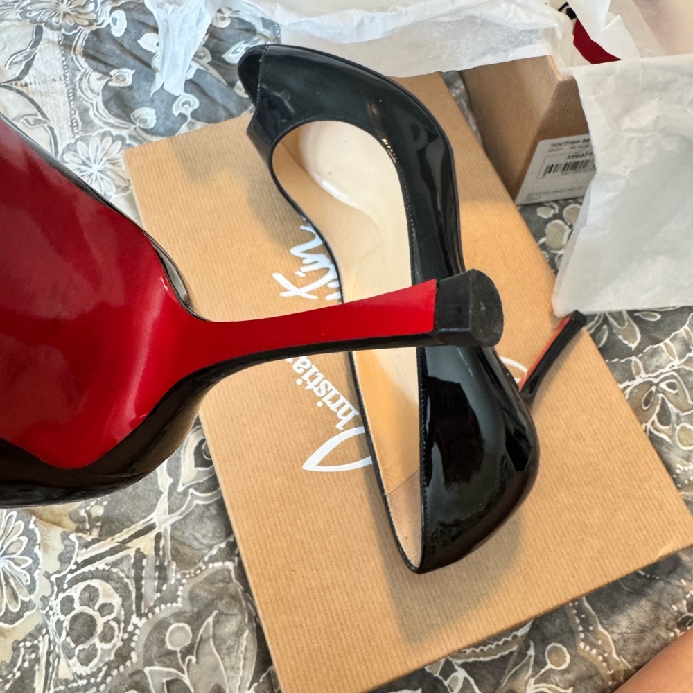 Christian Louboutin Glossy Black Peep Toe Heels Yootish 85 - Picture 13 of 16